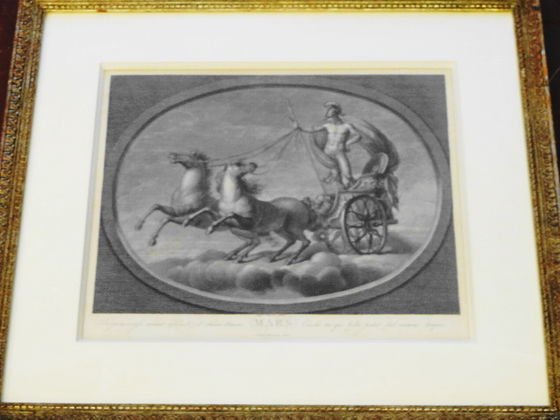 Old Italian Master Engraving, "Mars": Raphael Sanzio d'Urbinos (1483-1520) after. Medium: Copper Engraving. Date of creation: 1780. Title: "Mars" Dimension: Frame 21-1/2" x 24"; Site 15-1/2" x 13-1/8". Condition: Professionally framed, mi