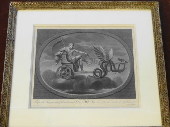Old Italian Master Engraving, "Saturnus": Raphael Sanzio d'Urbinos (1483-1520) after. Medium: Copper Engraving. Date of creation: 1780. Title: "Saturnus" Dimension: Frame 21-1/2" x 24"; Site 15-1/2" x 13-1/8". Condition: Professionally framed