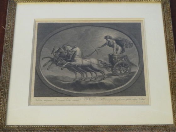 Old Italian Master Engraving, "Sol": Raphael Sanzio d'Urbinos (1483-1520) after. Medium: Copper Engraving. Date of creation: 1780. Title: "Sol" Dimension: Frame 21-1/2" x 24"; Site 15-1/2" x 13-1/8". Condition: Professionally framed, min