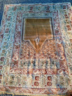 Antique Caucasian Prayer Rug: Dimension: 71" x 56-1/2" Condition: Normal wear noted (central panel),outer edges will need attention, see photos.*Noted there is no mold, dry rot, or mildew. This rug was used in the house of the est