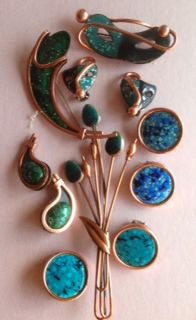 Matisse Renoir Copper & Enamel Jewelry Signed (7): Matisse Renoir Copper and Enameled Jewelry, (7) pieces, signed: 4 pairs of earrings and 3 pins. Condition: Very good Provenance: Connecticut Estate