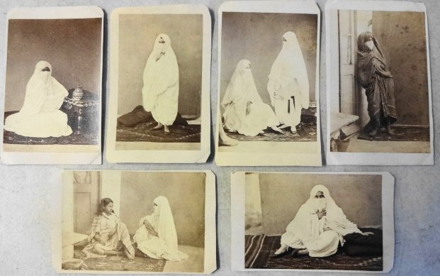 Middle Eastern Women, Albumen Photo CDV's: 19th C Albumen Photograph CDV's, Middle Eastern Muslim Women, 6 CDV's Richan Alger Photographer Dimensions: 2 1/2" x 4" Condition: Good. Corners are cut on most of the cards. No identification on back