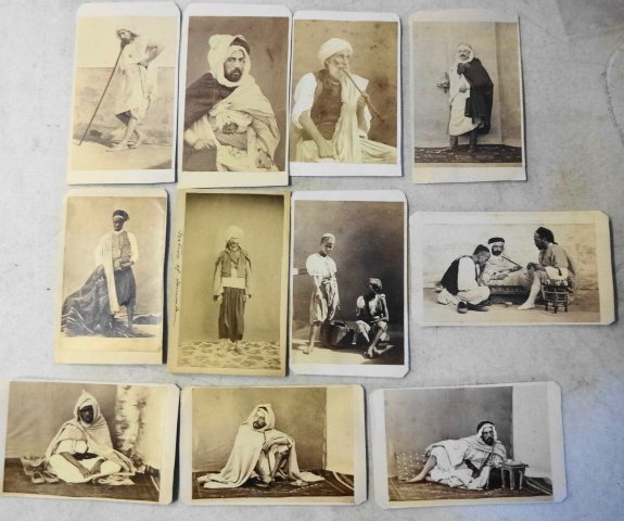 Middle East Albumen Photograph CDVs (11): 19th C Albumen Photograph CDV's, various Middle Eastern citizens. 11 Cards total Various photographers including Richon Alger, G. Mouthier Dimensions: 2 1/2" x 4" Condition: Many corners are cut, plea