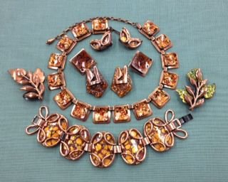 Matisse Renoir Copper & Enamel Jewelry, Signed: Assortment of Matisse Renoir signed jewelry: Necklace, bracelet, 2 pins, and 3 pair of earrings. Condition: Good - One (1) pin enamel leaf has seperated. Provenance: Connecticut Estate