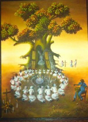 Voodoo Ceremonial Painting, Senatus: Jean-Louis Senatus (Haiti b.1949) Medium: Oil on Canvas Dimension: Frame 19" x 15"; Canvas 15-3/4" x 11-1/2" Condition: Very good Provenance: Connecticut Estate