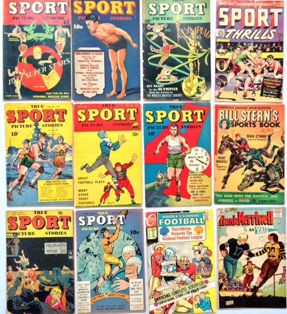 Golden Age Comics, Sports (12), Football Swimming,: Golden Age Comics, Sports (12), 10 & 25 cent comics, including Football, Track, Swimming, Baseball, Basketball etc. 1940-50 Condition: Original estate found condition. Ungraded. Colors vibrant. No wat