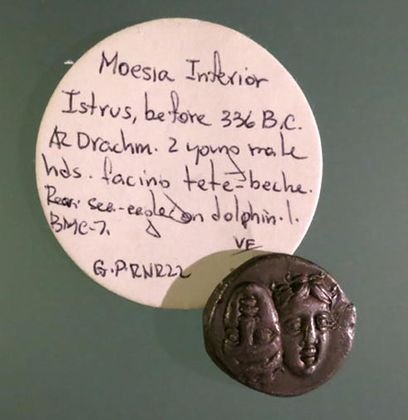 Ancient Coin, Greek,"Moesia Inferior Istrus" 336BC: "Moesia Inferior Istrus" Silver Drachm Description: Two young male heads - inverted; back: sea eagle perched on dolphin. Condition: VF Provenance: Joel L. Malter Collection