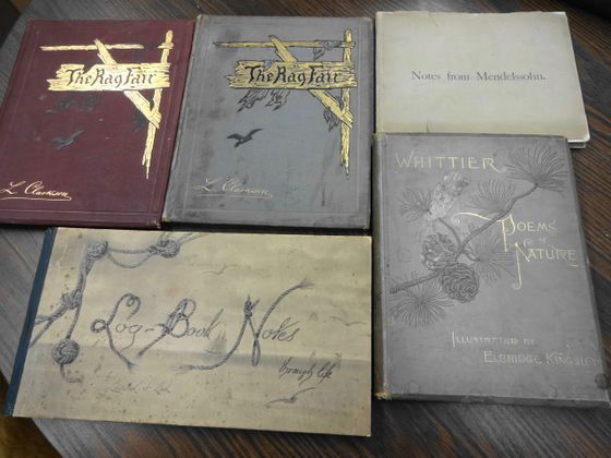 19th C Poetry & Prose Books: (5) 19th C Books(2) Rag Fair by L. Clarkson(2) Whittier Poems of Nature by John Greenleaf, Elbridge Kingsley, IllustratorLog Book Notes Through Life by Elisabeth A. Little.Condition: Original estate f