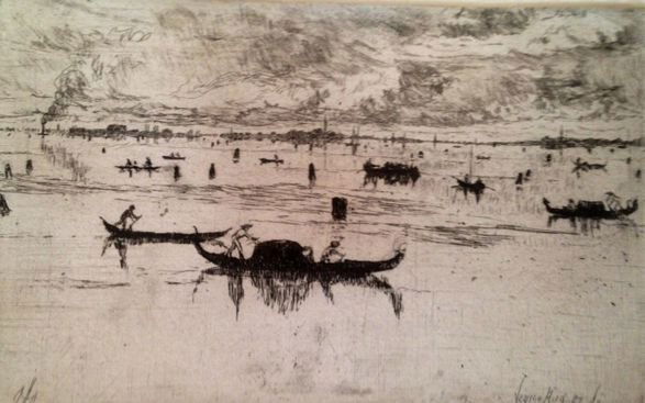 American Etching "Laguna Veneta", Otto Bacher 1880: Otto Henry Bacher, (America, 1856-1909)Title: "Laguna VenetaMedium: Etching on cream woven paper.Signed & Dated: Signed Otto and dated 80 in the plate, rich impression.Dimension: 7-1/2" x 4-3/4"Condit