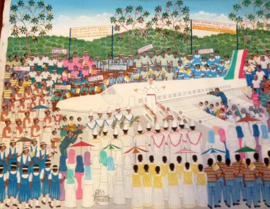 Haitian Painting 'Pope John Paul II, Signed Dorsainvil: Gary Dorsainvil (Haiti 20th century)Subject: Pope John Paul II visiting Haiti during revolt against Papa DocMedium: Acrylic on canvasSigned: Lower middleDimensions: 32" x 45"Condition: Very good, unst