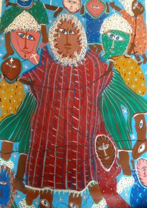 Haitian Voodoo Faces Painting, c. 1970: Medium: Acrylic on canvas Signed: Lower right Dimensions:36" 25-1/4" Condition: Very good, unstretched Provenance: Westchester Estate, acquired by owner in the 1970's.