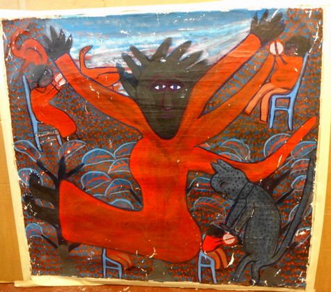 Haitian Art, Voodoo Painting, Artist Signed: Haitian Art, Voodoo Painting, Artist signed. Medium: Acrylic on canvas. Dimensions: Unframed: 32" x 35" Condition:Vibrant colors. Canvas is unstretched and has been rolled for storage. Some crackling 