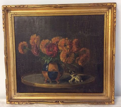 American Painting, Still Life, Signed, Circa 1940: Description: Still Life Flowers with Boxer Dog. Medium: Oil on Board Signed: Monogrammed lower right "A M" and dated, additional writing on verso Dimension: Frame 15" x 14"; Art 12-1/2" x 11" Conditio