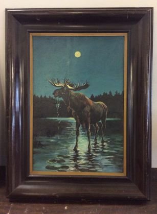 Moose Oil Painting: Medium: Oil on Board Unsigned Dimension: Frame 25-1/2" x 19"; Canvas 12" x 18" Condition: Very good, minor soiling Provenance: New Jersey Estate (In storage 20 years)