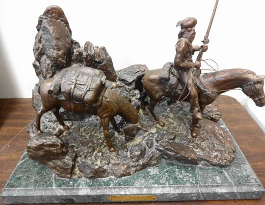 Bronze Western Sculpture, Free Trappers, Davies: Davies, (American 20th century)Description: American west bronze sculpture on green granite base, inspired by C M Russell, nice detail.Signed: On back D. Davies 1991Numbered: 181/191Dimension: 11"H x