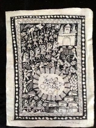 Mexican Folk Drawing, Maria de la Cruz: Maria de la Cruz, (Mexico 20th century) Medium: India ink hand drawing on Amate paper Description: Vignettes of daily village life Dimension: 15" x 11" Condition: Very good Provenance: New Jersey Esta