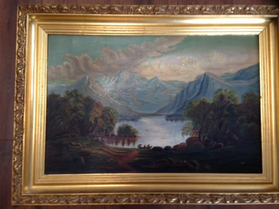 American Hudson River Oil Painting, 19th C.: American Hudson River Painting, 19th C. Medium: Oil on panel Unsigned, Boston label Dimensions: Framed: 22" x 15"; Board: 18 1/4" x 12" Condition: Very good, original lemon frame. Proveannce: Connecti