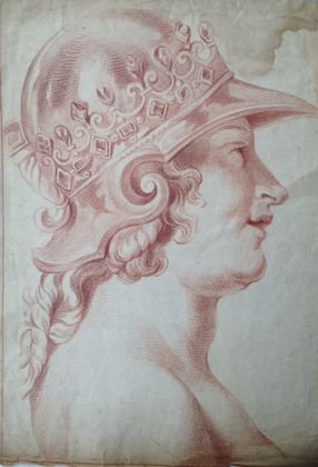 Old Master French Drawing, "Warrior" Duflos 1723: Artist: Claude Duflos, (France,1665-1727)Medium: Sanguine DrawingDate: 1723Signed: Claude DuflosSubject: Military FigureDimension: 20 1/4" x 14 1/2" Condition: Good, considering age. No in-painting or