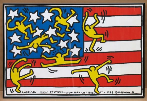 Keith Haring Serigraph American Music Festival 1988: Keith Haring (American 1958-1990)Description: Serigraph American Music Festival-New York City Ballet Flag posterDimensions: 24" x 36"Condition: Colors vibrant. No tearsLight foxing along left side, a