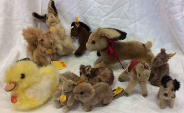 Steiff Animal Collection, Most with Original Tags: (12) Vintage Steiff stuffed animal collection, many with original tags and most with ear buttons.Collection includes: Waggi, Posy, horse, rabbit, frog, etc.Condition: 2 rabbits, horse, dog, and squirr