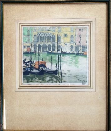 Hans Figura, "Venice", Color Etching, Signed: Hans Figura, (Vienna, Austria 1898-1978) Description: Pencil signed color etching of canal Venice. Dimension: Frame 18" x 15", site 9-1/4"x 8" Condition: Very good, some toning on lower edge not withi