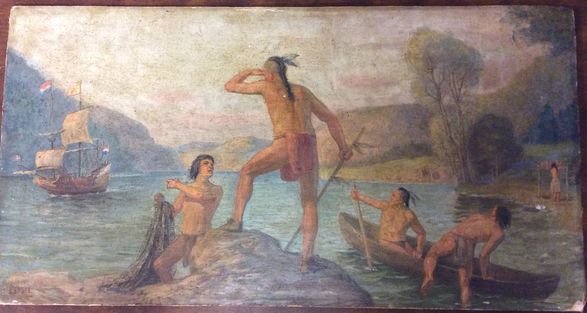 American Indian Painting, "New World", F. Engel: Fritz Franz Engel, (German/American 1877-1956) Medium: Oil on canvas laid on panel Signed: Lower left, F. Engel Dimension: 11-1/2" x 10" Condition: Good, very detailed, light surface grime, a few area
