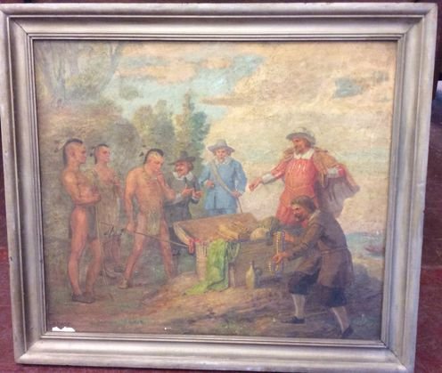 American Indian Painting, Signed, F. Engel: Fritz Franz Engel, (German/American 1877-1956) "Trading in the New World" Medium: Oil on canvas laid down on panel Signed: Lower left, F. Engel Dimension: Frame 26-3/4" x 23"; painting 23" x 20-1/2" C