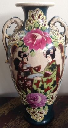 Japanese Satsuma Moriage Vase, Geisha Woman c.1900: Dimension: 16-1/2"HCondition: Very goodProvenance: New Jersey Estate