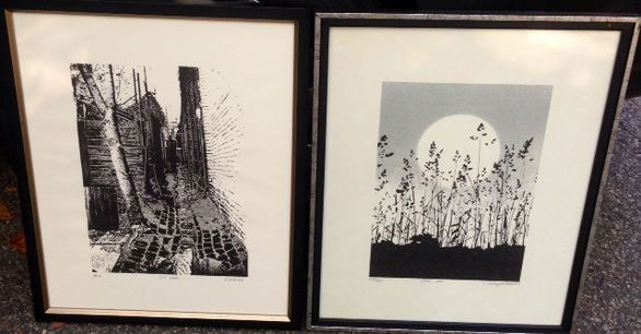 Richard Ehrlich, Colored Lithographs, (2): Richard Ehrlich, (American, NYC, b.1938)A. "City Walls"Pencil signed: Lower rightNumber: Lower left 8/200Dimension: Frame 17" x 21.6"; site 15.6" x 19"B. "Still Air"Pencil signed: Lower right L. Sacco