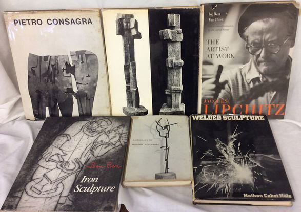 Art Books, Mid Century and Iron Sculpture 6 Volumes: TitlesWelded Sculpture, Nathan Cabot Hale, 1968; Pietro Consagra, Giulio Carlo Argan, 1962; Fritz Wotruba, by Friedrich Heer, 1961; Jacques Lipchitz, The Artist at Work, by Bert Van Bork, 1966; Ben Zi