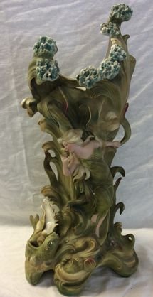Art Nouveau Amphora Vase, "Sea Nymph": Bisgue Figural vase, Sea Nymph over top of waves with shells and fish.Dimension: 18-1/2"Condition: Very goodProvenance: New Jersey Estate