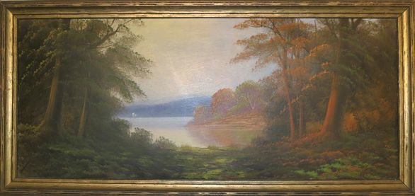 Hudson River School Painting, Newton, c1930: Newton, (American, early 20th century) Oil on board Signed: Lower left, Newton Dimension: Original frame 30" x 14"'; art 28" x 12" Condition: Good estate condition Provenance: Albany, NY Estate