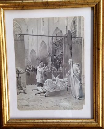 19th C Watercolor "Exorcism of the Nuns", Prodhomme: Prodhomme, (French 19th century) Watercolor on hard paper Signed lower left, Prodhomme Dimension: Site 14" x 12" Condition: Very good, (see detailed photos) Provenance: Private estate