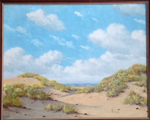 A. H. Nordberg, Painting, Sand Dunes with Sea Beyond: A. H. Nordberg, (American, 20th century)Oil painting on canvasSigned: Lower right NordbergDimension: Framed 34-1/2" x 30"; canvas 24" x 30"Condition: Good, old repair noted on very topProvenance: Conn