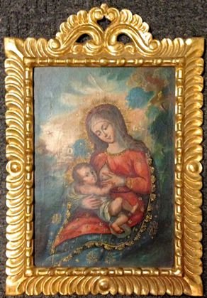 Spanish Colonial Painting, "Madonna and Child": Rene Callo Sanchez,(20th century)Spanish Colonial School of the Virgin Mary nursing the Christ Child, "Virgin of Milk"Painted guild accented painting on canvas in hand-carved frame.Dimension: Framed 1