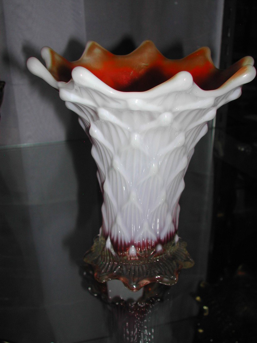 Carnival Glass: Dugan Glass Diamond Shape Opalescent Squat, Lined Lattice Hat Vase