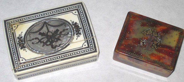 2 Vintage covered boxes: Ivory and mother of pearl inlaid box Tortoise shell, gold and silver inlaid box