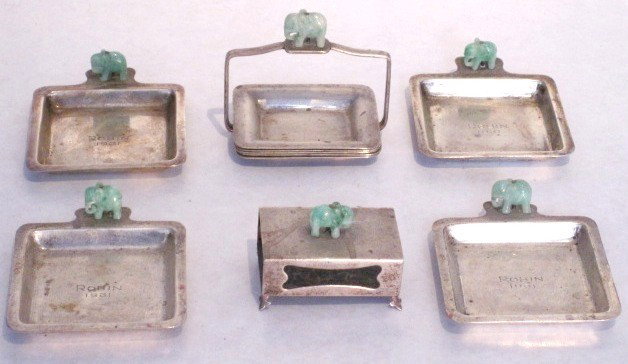 Sterling silver smoker's suite: Sterling ashtrays and match cases marked sterling, jade elephant décor