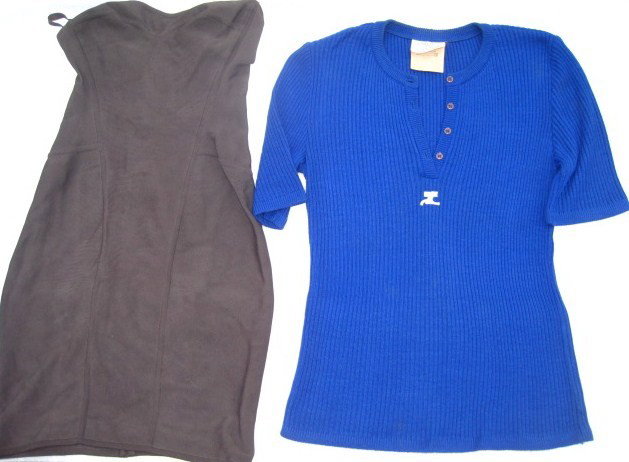 Alaia and Courregues articles: Alia brown dress Courregues blue acrylic sweater