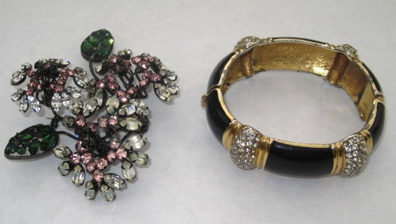 Vintage Ciner cuff and Rhinestone Pin: Ciner gold and black metal, clear stones Vintage color and clear rhinestone pin