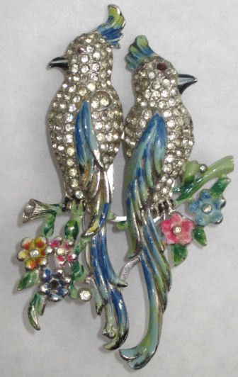 Coro Duette enamel parrots form 2 piece brooch: enamel flower and parrot décor rhinestones inset