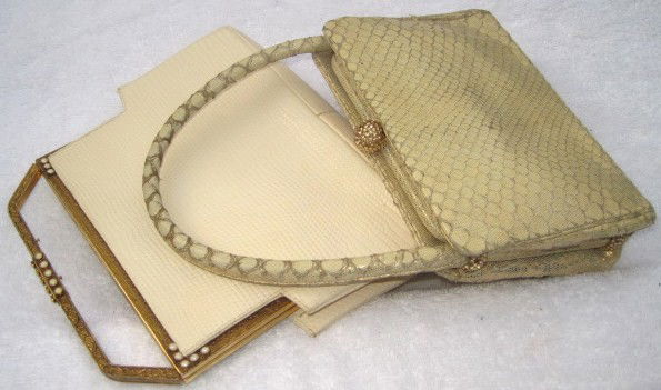 2 Evening purses - 1 Judith Leiber: Judith Leiber snakeskin and rhinestones Fair condition White cream color with jeweled frame