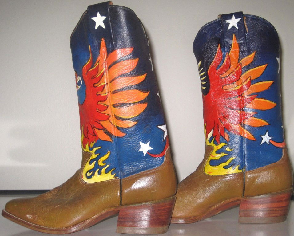 Finn, Pair Phoenix painted décor Cowboy Boots: Finn Phoenix painted leather décor Signed on the heel and inside Finn '78 Made in Mexico Size 8 1/2