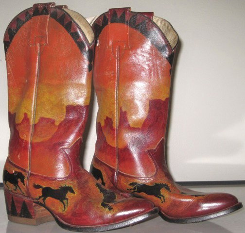 Brach, Pair Desert & Horses décor Cowboy Boots: Brach painted leather cowboy boots Desert landscape with running horses Signed Brach and dated 4/79 Made in Mexico Size 6 1/2