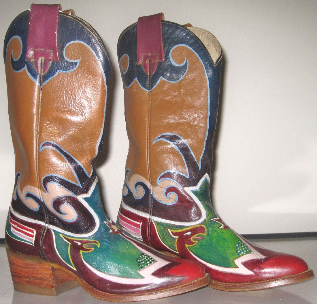 Finn, Pair Abstract and Bird Cowboy Boots: Finn painted abstract and bird décor leather Signed Finn, dated '78 Made in Mexico Size 6 M