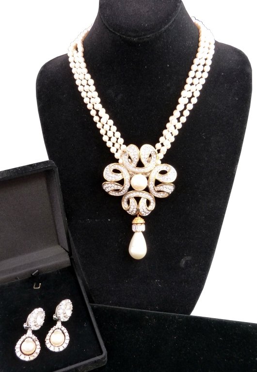Costume Necklace and Ciner Earrings: Costume Pearl Necklace with Rhinestones with pr of matching earrings marked Ciner.
