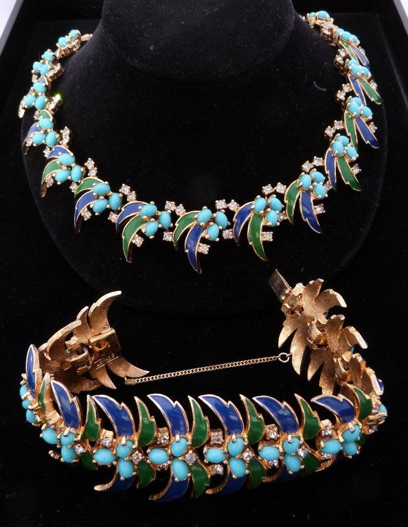Gilt, Enamel, and Rhinestone Necklace and Bracelet: Designed by Jomaz