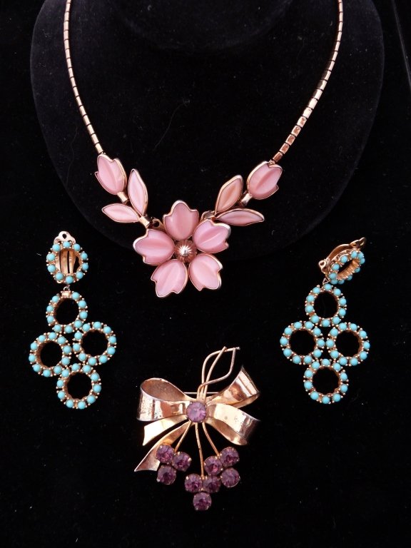 Pink Enamel Necklace, Turquoise Earrings, and Pin: Pink Enamel Flower form Necklace, Turquoise Earrings Marked Ciner, and a Sterling Pin with purple rhinestones.