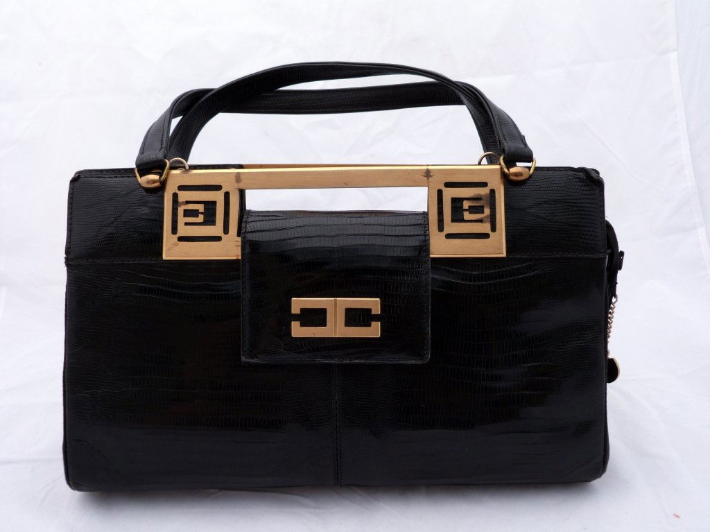 Black Vintage Alligator Hand Bag: Attributed to andre courreges, 13"L x 8"H