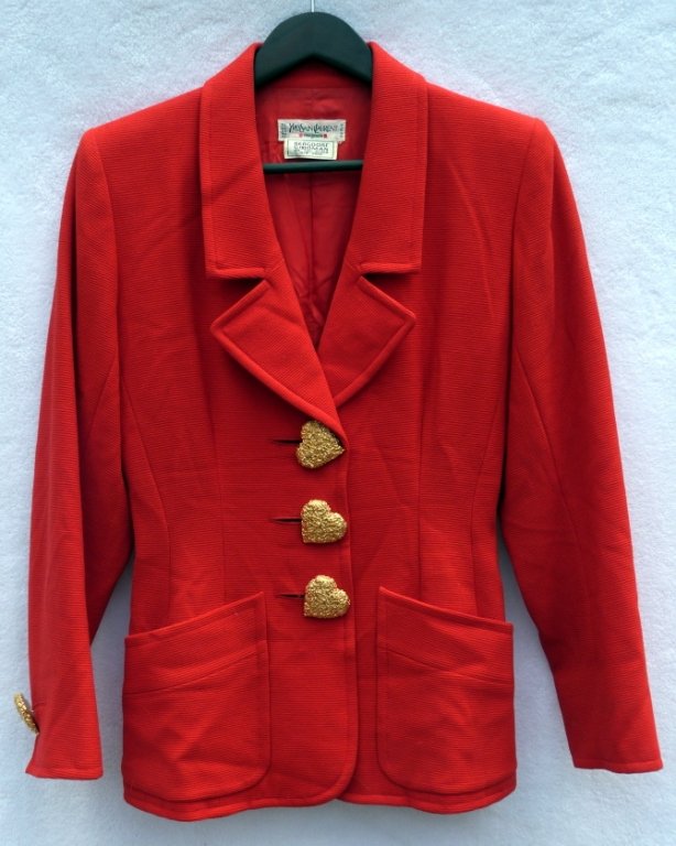 Vintage Yves Saint Laurent Jacket: Bright red jacket with gilt metal heart shaped buttons. Yves Saint Laurent, Made In France, Paris. Retailed by Bergdorf Goodman on the Plaza, New York.